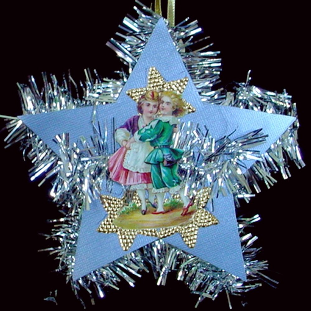 VICTORIAN STYLE CHRISTMAS STAR ORNAMENT ANTIQUE DIECUT SCRAP DRESDEN TRIM TINSEL